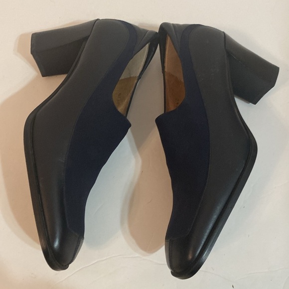 DONALD PLINER 7 M BLACK SLIP ON HEELS ELASTIC FABRIC W/ LEATHER - Picture 12 of 15